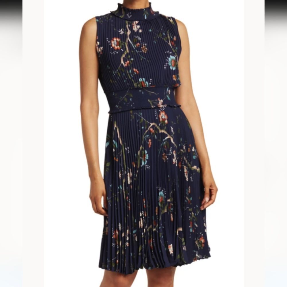NWT Nanette Lepore Very Black Pleated Floral Knee-Length Dress